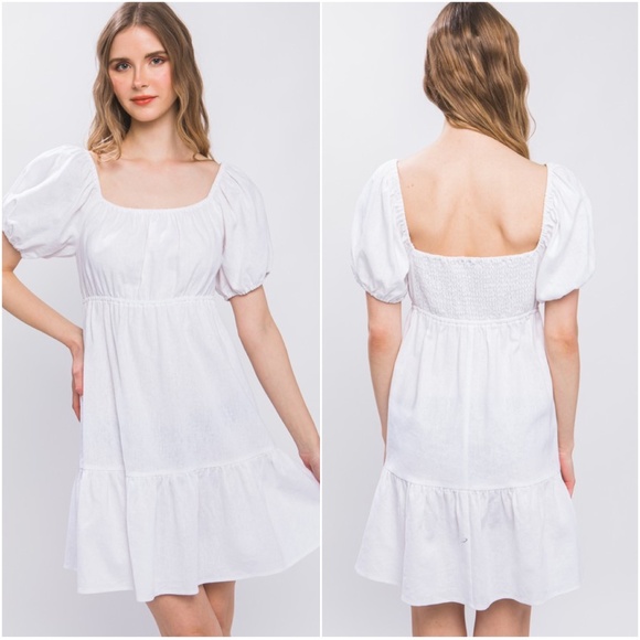 Solid White Smocked back Puff Sleeve Linen Mini Dress - Picture 1 of 2